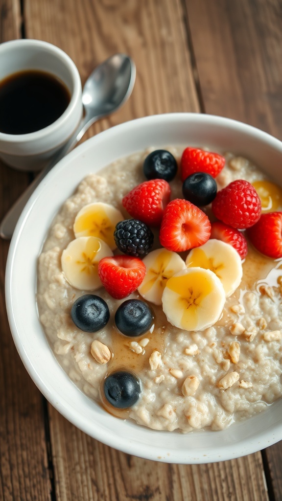 A bowl of oatmeal topped with berries, bananas, and nuts on a rustic table.